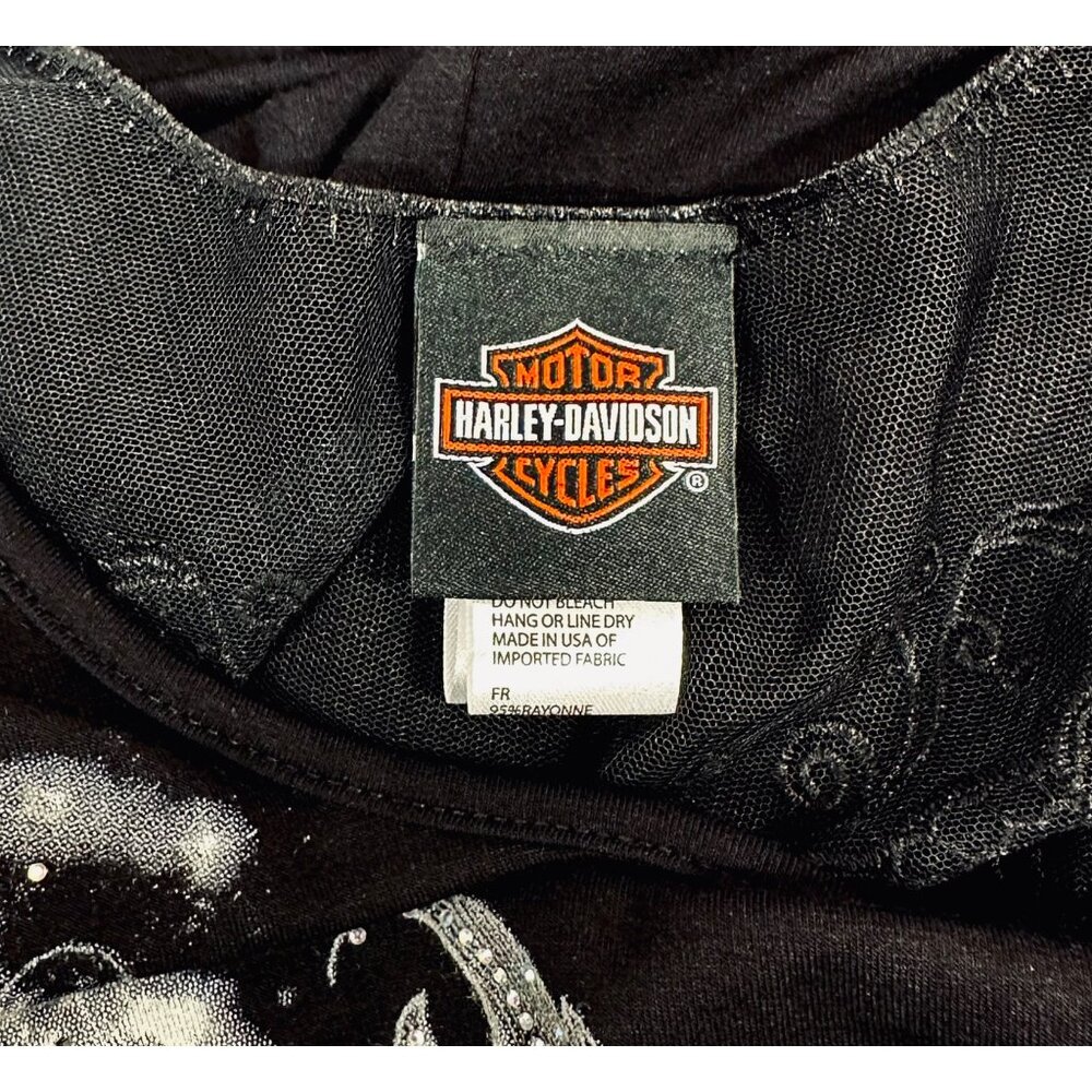 Harley-Davidson Womens Black Genuine Motorcycles Rhinestone & Lace Top Size L Se - Picture 4 of 14